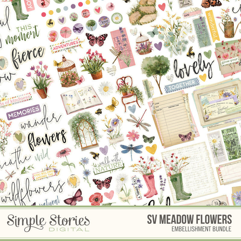 Simple Vintage Meadow Flowers Digital Embellishment Bundle